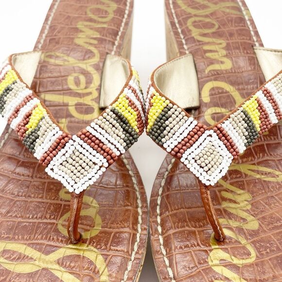 Sam Edelman Rosa Nude Ginger Beaded Thong Cork Wedge Sandal Flip Flop Size 8.5 - Picture 13 of 16
